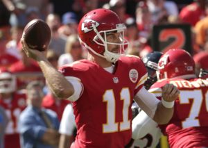 Oct. 11, 2015; Kansas City, MO: Chiefs quarterback Alex Smith (11) in action against the Chicago Bears at Arrowhead Stadium. (AP Photo/Charlie Riedel)