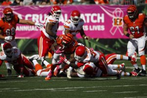 Oct. 4, 2015; Cincinnati; Chiefs defensive back Ron Parker (38) tackles Bengals running back Jeremy Hill (32) in the second half at Paul Brown Stadium. (AP Photo/Frank Victores)