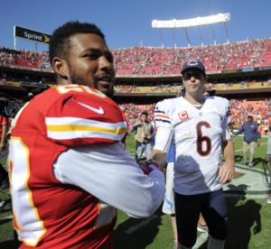 Oct. 11, 2015; Kansas City, MO; Chiefs rookie cornerback Steven Nelson (20) shakes hands with Chicago Bears quarterback Jay Cutler (6) after the game at Arrowhead Stadium. (AP Photo/Ed Zurga)
