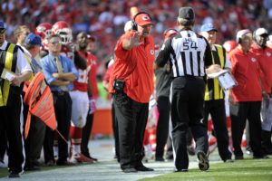 Oct. 11, 2015; Kansas City, MO; Chiefs coach Andy Reid in a discussion with head linesman George Hayward during the second half against the Chicago Bears at Arrowhead Stadium. (AP Photo/Ed Zurga)