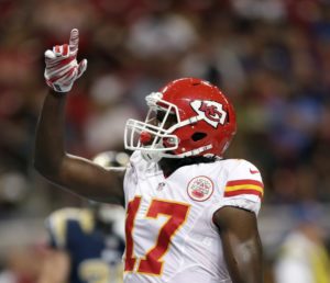 Sept. 3, 2015; St. Louis; Chiefs wide receiver Chris Conley (17) celebrates after catching a 15-yard touchdown pass during a preseason game against the St. Louis Rams at Edward Jones Dome. (AP Photo/Tom Gannam)
