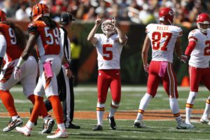 Oct. 4, 2015; Cincinnati; Chiefs kicker Cairo Santos (5) reacts after kicking a field goal in the first half against the Bengals at Paul Brown Stadium. (AP Photo/Gary Landers)