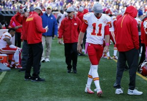 Oct. 18, 2015; Minneapolis; Chiefs quarterback Alex Smith (11) on the sidelines during the second half against the Minnesota Vikings at TCF Bank Stadium. (AP Photo/Jim Mone)