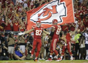 Sept. 29, 2014; Kansas City, MO; Chiefs tight end Travis Kelce (87) celebrates after catching a 2-yard touchdown pas against the New England Patriots at Arrowhead Stadium. (AP Photo/Charlie Riedel)