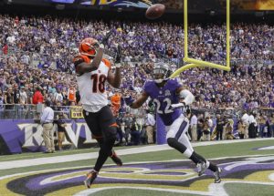 Sept. 27, 2015; Baltimore; Bengals wide receiver A.J. Green (18) catches a touchdown pass while Ravens cornerback Jimmy Smith (22) defends at M&T Bank Stadium. (AP Photo/Patrick Semansky)