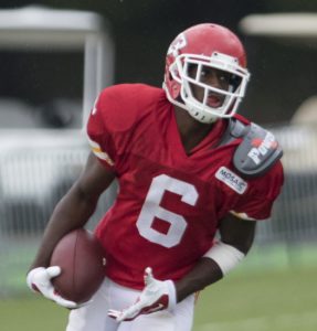 Aug. 18, 2015; St. Joseph, MO; Chiefs rookie wide receiver Kenny Cook (6) during training camp drills at Missouri Western State University. (Emily DeShazer/The Topeka Capital-Journal)
