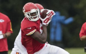 Aug. 18, 2015; St. Joseph, MO; Wide receiver Kenny Cook (6) catches a pass during Chiefs training camp at Missouri Western State University. (Emily DeShazer/The Topeka Capital-Journal)