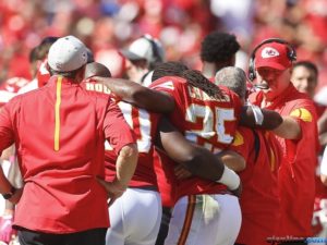 Oct. 11, 2015; Kansas City, MO; Chiefs running back Jamaal Charles (25) is helped off the field in the third quarter against the Chicago Bears as a concerned coach Andy Reid (right) observes. (Chris Neal/The Topeka Capital-Journal)