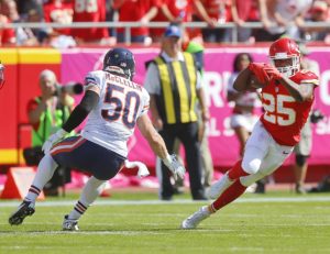 Oct. 11, 2015; Kansas City, MO; Chiefs running back Jamaal Charles (25) changes directions on Chicago's Shea McClellin (50) during the first half at Arrowhead Stadium. (Chris Neal/The Topeka Capital-Journal)
