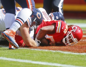 Oct. 11, 2015; Kansas City, MO: Chiefs rookie linebacker Ramik Wilson recovers a fumble in the end zone for a touchdown against the Chicago Bears at Arrowhead Stadium. (Chris Neal/The Topeka Capital-Journal)