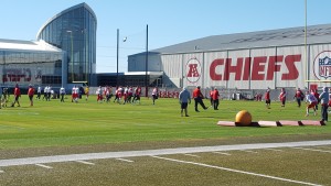 Nov. 12, 2015; Kansas City, MO; General view of players warming up during portion of practice open to media at the Chiefs training facility. 