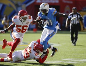 Nov. 22, 2015; San Diego; Chiefs safety Eric Berry (29) tackles Chargers wide receiver Stevie Johnson (11) in the second quarter at Qualcomm Stadium. (AP Photo/Lenny Ignelzi)