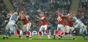 Nov. 1, 2015; London; Kansas City Chiefs quarterback Alex Smith (11) prepares to throw against the Detroit Lions at Wembley Stadium. (AP Photo/Matt Dunham)