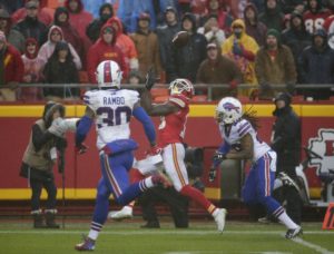 Nov. 29, 2015; Kansas City, MO; Chiefs wide receiver Jeremy Maclin (19) scores a touchdown between Buffalo Bills cornerback Ronald Darby (28) and safety Bacarri Rambo (30) during the first half at Arrowhead Stadium. (AP Photo/Charlie Riedel)