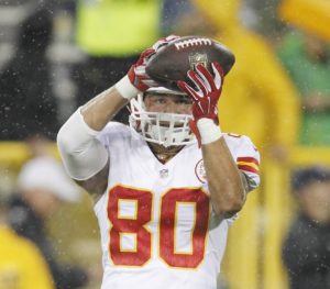 Sept. 28, 2015; Green Bay, WI; Chiefs rookie tight end James O'Shaughnessy warms up before the game against the Green Bay Packers at Lambeau Field. (AP Photo/Matt Ludtke)