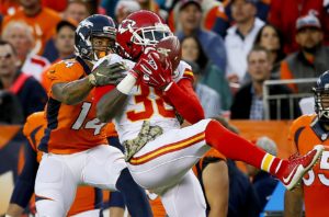 Nov. 15, 2015; Denver; Kansas City Chiefs safety Ron Parker (38) intercepts a pass intended for Broncos wide receiver Cody Latimer (14) during the second half at Sports Authority Field at Mile High. (AP Photo/Joe Mahoney)