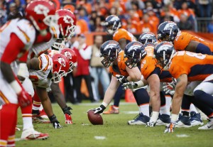 Nov. 15, 2015; Denver; General view of the line of scrimmage between the Kansas City Chiefs and Denver Broncos at Sports Authority Field at Mile High. (AP Photo/Jack Dempsey)