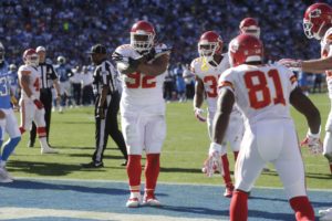 Nov. 22, 2015; San Diego; Chiefs defensive lineman Dontari Poe celebrates after scoring on a 1-yard touchdown run against the San Diego Chargers at Qualcomm Stadium. (AP Photo/Lenny Ignelzi)