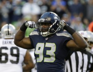Sept. 3, 2015; Seattle; Then-Seahawks defensive end David King (93) reacts during a preseason game against the Oakland Raiders at CenturyLink Field. (AP Photo/Elaine Thompson)