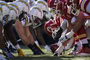 Dec. 28, 2015; Kansas City, MO; General view of the line of scrimmage between the Kansas City Chiefs and San Diego Chargers at Arrowhead Stadium. (AP Photo/Reed Hoffmann)