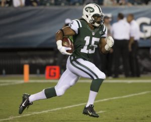 Aug. 28, 2014; Philadelphia; Then-New York Jets wide receiver Saalim Hakim returns a kick in preseason action against the Eagles at Lincoln Financial Field. (AP Photo/Chris Szagola)
