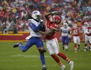 Nov. 29, 2015; Kansas City, MO; Chiefs rookie cornerback Marcus Peters (22) breaks up a pass intended for Bills wide receiver Sammy Watkins (14) at Arrowhead Stadium. (AP Photo/Charlie Riedel)