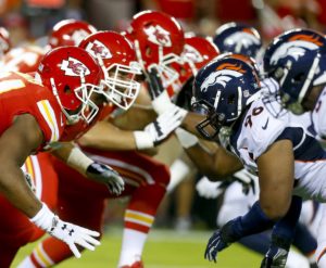 Sept. 17, 2015; Kansas City, MO; General view of the line scrimmage in Week 2's game between the Chiefs and Broncos at Arrowhead Stadium. (Chris Neal/The Topeka Capital-Journal)