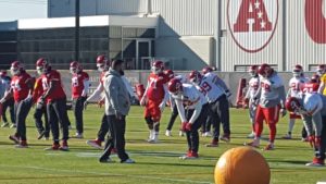 Dec. 3, 2015; Kansas City, MO; General view of players, including guard Jeff Allen (71), warming up during portion of practice open to the media at the team's training facility.
