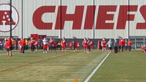 Dec. 9, 2015; Kansas City, MO; General view of Chiefs players warming up during the portion of practice open to the media at the team's training facility.
