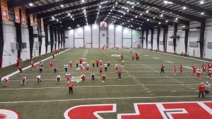 Dec. 16, 2015; Kansas City, MO; General view of Chiefs players warming up during the portion of practice open to the media at the team's indoor facility.