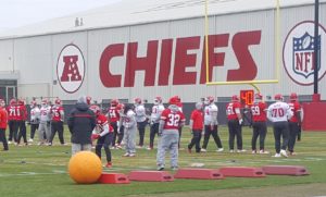 Dec. 17, 2015; Kansas City, MO; Chiefs running back Spencer Ware (32) observes teammates warming up during the portion of practice open to the media at the team's training facility.