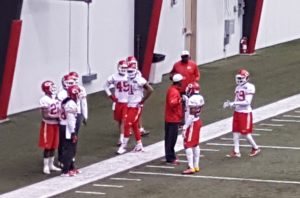 Dec. 31, 2015; Kansas City, MO; General view of the Chiefs defensive backs, including safety Husain Abdullah (39), gathering on the sideline during the portion of practice open to the media.