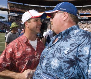 Feb. 8, 2009; Honolulu; Baltimore Ravens coach John Harbaugh, left, exchanges a postgame handshake with Andy Reid at the Pro Bowl at Aloha Stadium. (AP Photo/Marco Garcia)