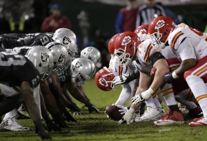 Nov. 20, 2014; Oakland; General view of the line of scrimmage as the Chiefs and Raiders square off at O.co Coliseum. (AP Photo/Marcio Jose Sanchez)