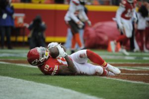 Dec. 27, 2015; Kansas City, MO; Chiefs wide receiver Jeremy Maclin (19) scores a touchdown during the first half me against the Cleveland Browns at Arrowhead Stadium. (AP Photo/Ed Zurga)
