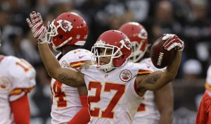 Dec. 6, 2015; Oakland; Chiefs safety Tyvon Branch (27) celebrates after returning an interception for a touchdown against the Oakland Raiders at O.co Coliseum. (AP Photo/Ben Margot)