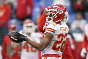 Dec. 20, 2015; Baltimore; Kansas City Chiefs cornerback Marcus Peters (22) celebrates after returning an interception 90 yards for a touchdown against the Baltimore Ravens at M&T Bank Stadium. (AP Photo/Nick Wass)