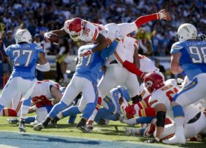 Nov. 22, 2015; San Diego; Kansas City Chiefs running back Charcandrick West (35) attempts to score over the pile at the goal line against the Chargers at Qualcomm Stadium. (AP Photo/Lenny Ignelzi)