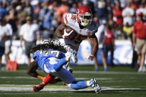 Nov. 22, 2015; San Diego; Chiefs running back Charcandrick West (35) during the half against the San Diego Chargers at Qualcomm Stadium. (AP Photo/Denis Poroy)