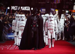 Dec. 16, 2015; London; Actors dressed as Darth Vader and Stormtroopers arrive at the European premiere of the film 'Star Wars: The Force Awakens.' (Photo by Joel Ryan/Invision/AP)