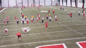 Jan. 6, 2015; Kansas City, MO; General view of the players warming up during the portion of practice open to the media at the Chiefs' indoor training facility.