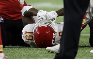 Jan. 9, 2016; Houston; Kansas City Chiefs wide receiver Jeremy Maclin (19) on the turf after injuring his knee during the second half against Texans at NRG Stadium, (AP Photo/Tony Gutierrez)
