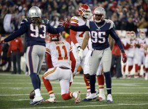 Jan. 16, 2016; Foxborough, MA; New England Patriots defenders Jabaal Sheard (93) and Chandler Jones (95) celebrate over Kansas City Chiefs quarterback Alex Smith (11) after a play in the second half at Gillette Stadium. (AP Photo/Elise Amendola)