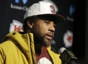 Jan. 16, 2016; Foxborough, MA; Kansas City Chiefs safety Eric Berry, who is eligible for unrestricted free agency in March, speaks to the media following the game against the New England Patriots at Gillette Stadium. (AP Photo/Steven Senne)