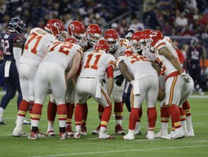 Jan. 9, 2016; Houston; General view of the Kansas City Chiefs offensive huddle against the Texans at NRG Stadium. (AP Photo/Tony Gutierrez)