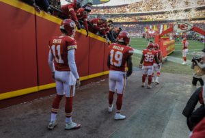 Jan. 3, 2016; Kansas City, MO; Chiefs players wait in line during pregame introductions at Arrowhead Stadium. (AP Photo/Reed Hoffmann)