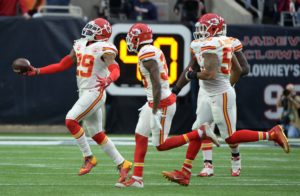 Jan. 9, 2016; Houston; Kansas City Chiefs free safety Eric Berry (29) celebrates after making an interception in the first half against the Texans at NRG Stadium. (AP Photo/George Bridges)