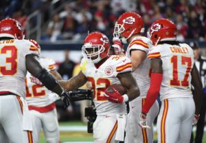 Jan. 9, 2016; Houston; Kansas City Chiefs running back Spencer Ware (32) is congratulated by teammates after a touchdown run during the second half against the Texans. (AP Photo/Eric Christian Smith)
