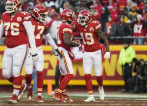 Jan. 4, 2016; Kansas City, MO; Chiefs wide receiver Jeremy Maclin (19) celebrates with wide receiver Jason Avant (81) after scoring a touchdown against the Oakland Raiders at Arrowhead Stadium. (Emily DeShazer/The Topeka Capital-Journal)