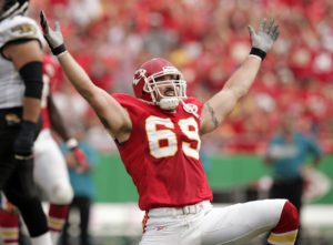 Oct. 7, 2007; Kansas City, MO; Then-Chiefs defensive end Jared Allen (69) celebrates after a play against the Jacksonville Jaguars at Arrowhead Stadium. (AP Photo/Dick Whipple)